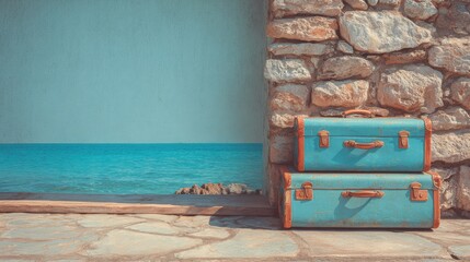 Vintage suitcases by the ocean and stone wall