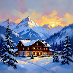 Mountain Hotel Exterior &ndash; Oil Art Landscape
