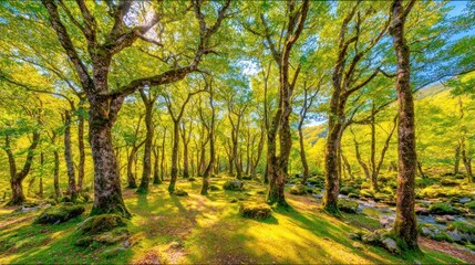 Fototapeta premium Sunlight streams through a dense woodland canopy illuminating a rocky stream bed below