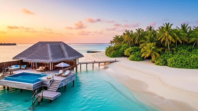 Tropical beach resort with overwater bungalow and turquoise ocean at sunset, offering a luxurious getaway.