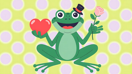 Fototapeta premium a charming cartoon frog holds a vibrant red heart and a delicate pink rose wearing a stylish top hat