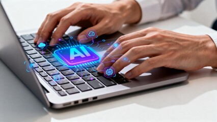 Hands typing on laptop with AI graphic