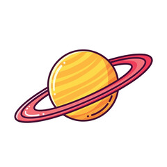 A brightly colored cartoon illustration depicts a stylized planet saturn with prominent rings showcasing a cheerful and whimsical aesthetic for educational or decorative © rsvect02