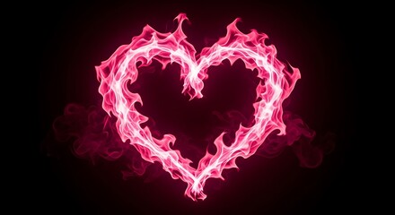 Glowing magenta flame forms an abstract heart shape against a dark background