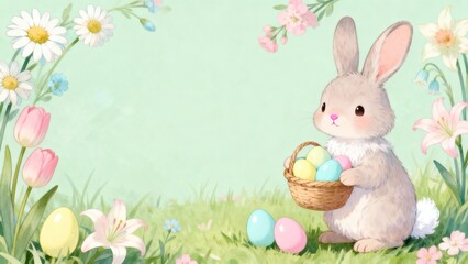 Watercolor cartoon easter bunny with eggs, horizontal banner, free space for text and copy, Happy Easter, Easter background