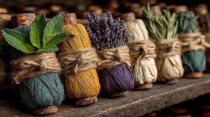 Bundled herbs, vibrant hues, neatly wrapped with twine on a wooden shelf. Focus on textures