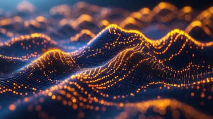 Abstract digital landscape of glowing orange dots on a wavy blue textured background