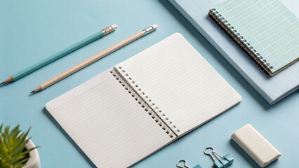 Top view of an open spiral notebook on a light blue desk with pencils and a calculator for education and study organization. AI generated