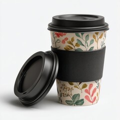 Floral coffee cup with black lid and sleeve
