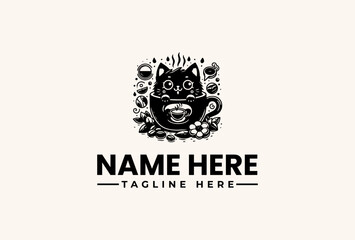Black and white illustration of a stylized cat face surrounded by coffee beans and steam, with a placeholder text for a name and tagline on a plain background.