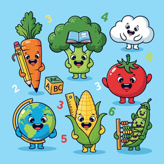 Fototapeta premium Cute Cartoon Vegetables and School Supplies with Numbers - Healthy Education Concept