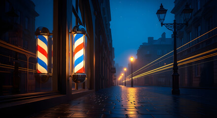 Fototapeta premium Atmospheric nighttime shot of a city street with a barber shop, illuminated with a classic barber pole. Long exposure light trails