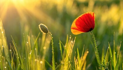 Naklejka premium A serene poppy flower stands tall amidst lush green grass, basking in the warm sunlight during a peaceful morning scene