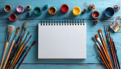Colorful paintbrushes and jars on a blue wooden table with a blank notepad