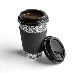 Ornate coffee cup with lid and sleeve