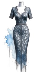 Elegant Blue Lace Evening Dress Illustration with Artistic Watercolor Splatter and Floral Embroidery