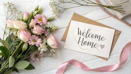 Welcome home greeting card with elegant cursive text next to beautiful pink flowers and a beige envelope on a white surface. AI generated