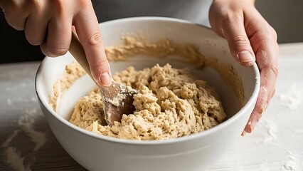 Mixing Dough in a Bowl with a Wooden Spatula for Baking Preparation