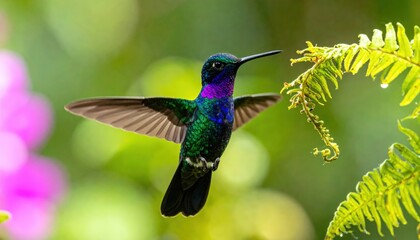 Fototapeta premium A vibrant hummingbird in flight, sipping nectar from a flower in a lush, green garden scene