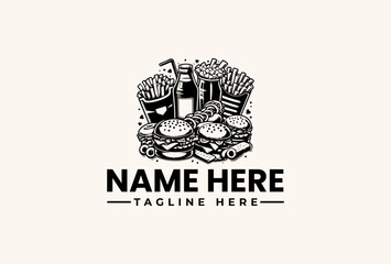 Black and white illustration of a stack of fast food items with a soda bottle and fries on top, surrounded by a clean white background, showcasing a logo design with placeholder text.
