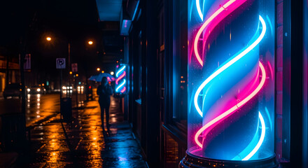 A rainy night scene with a pedestrian passing by a barber shop, its neon pole emitting blue and pink light