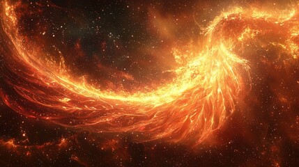 A fiery phoenix, sculpted by light, soars through a starry, nebulous cosmos