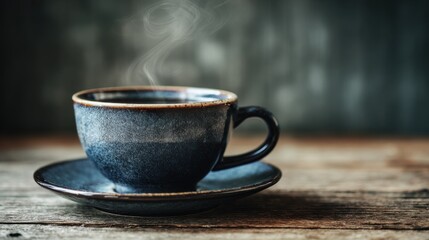 Steaming cup of hot coffee on rustic wooden table