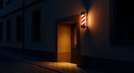 Exterior night scene; a barber shop doorway glows invitingly beneath its illuminated striped pole. Soft light spills onto cobblestone