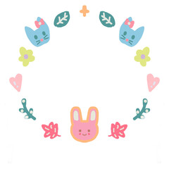 Cartoon bunny wreath with pastel cats flowers leaves forming a cute circular frame on dark background.