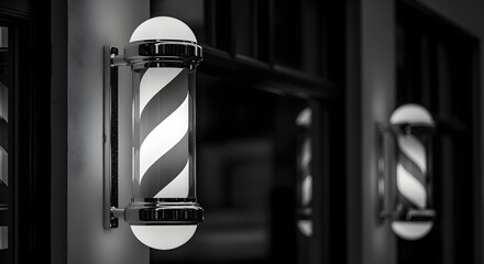Black and white image of a classic barber shop pole. Two poles are affixed to a building exterior. The striped cylinders glow