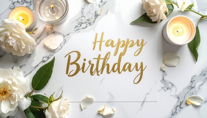 Elegant “Happy Birthday” card with gold script surrounded by white roses, candles, and petals on marble.