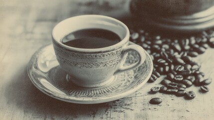 Vintage cup of coffee and beans