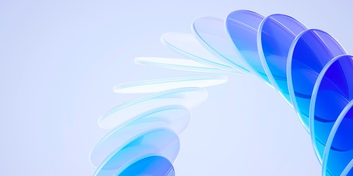 Abstract image of overlapping translucent blue and white discs forming a spiral pattern on a light background.3d render