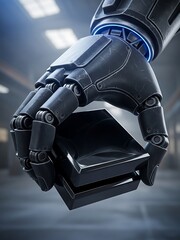 Robotic Arm Holding Shiny Black Object Within Factory Setting