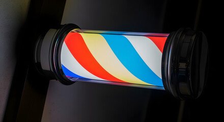 Close-up of a classic barber shop pole with vibrant red, white, and blue stripes illuminated inside a cylindrical glass casing, creating a retro aesthetic
