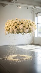 Serene floral installation with cascading petals in modern exhibition hall