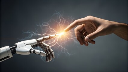 Conceptual image of a human hand touching a robotic metal hand with sparks representing the fusion of humanity and artificial intelligence. AI generated