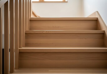 Close-up of light wood staircase with minimalist design and vertical bars