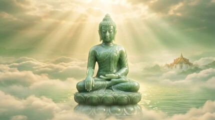 Fototapeta premium A smiling Buddha statue carved from green jade, a beloved Feng Shui symbol for happiness, good luck, wealth, and harmony.