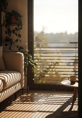Serene Morning Sunlight Illuminating Interior Living Space with Relaxing Ambiance