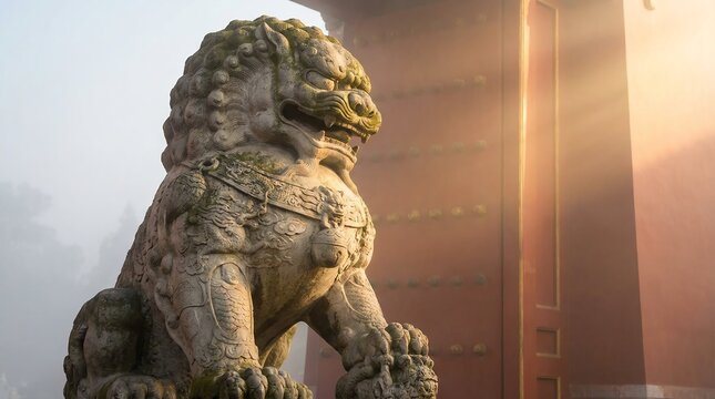 A pair of majestic Guardian Lions, or Fu Dogs, powerful Feng Shui symbols of protection placed at the entrance of a home or business.