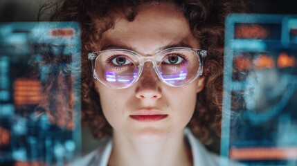 a focused female scientist examining advanced technology on a holographic display in a hightech lab research professional studying data on a cuttingedge digital interface