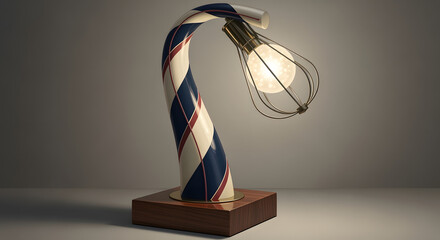 A unique, stylized lamp with a curved striped base, a wire cage, and a glowing bulb, set on a wooden base
