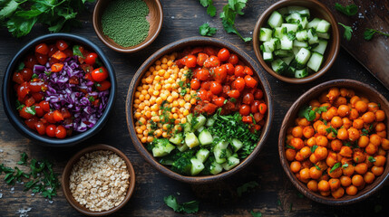 Fototapeta premium a flat lay of healthy food bowls with vegetables, grains, and vibrant colors on a wooden table