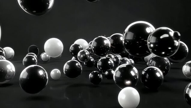 Futuristic 4K abstract animation of glossy black white spherical shapes colliding mixing flowing together representing contrast rivalry modern digital 