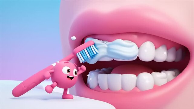3D Cartoon Character Brushing Teeth with Giant Toothbrush
