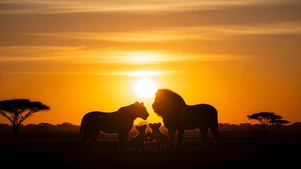 African Lion family silhouette at dramatic savannah sunset
