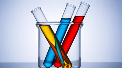 Three glass test tubes with primary colored chemical solutions in a laboratory beaker.png