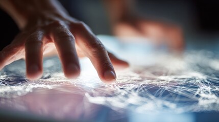 interacting with futuristic technology hand touching a virtual screen with a hightech backdrop symbolizing connectivity and data transfer