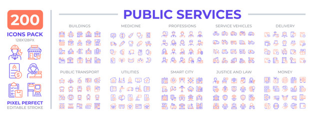 Public services two color line icons set collection. Meeting community needs. Ensuring social welfare industry bicolor outline mega pack isolated, pixel perfect. Duotone thin lineart. Editable stroke